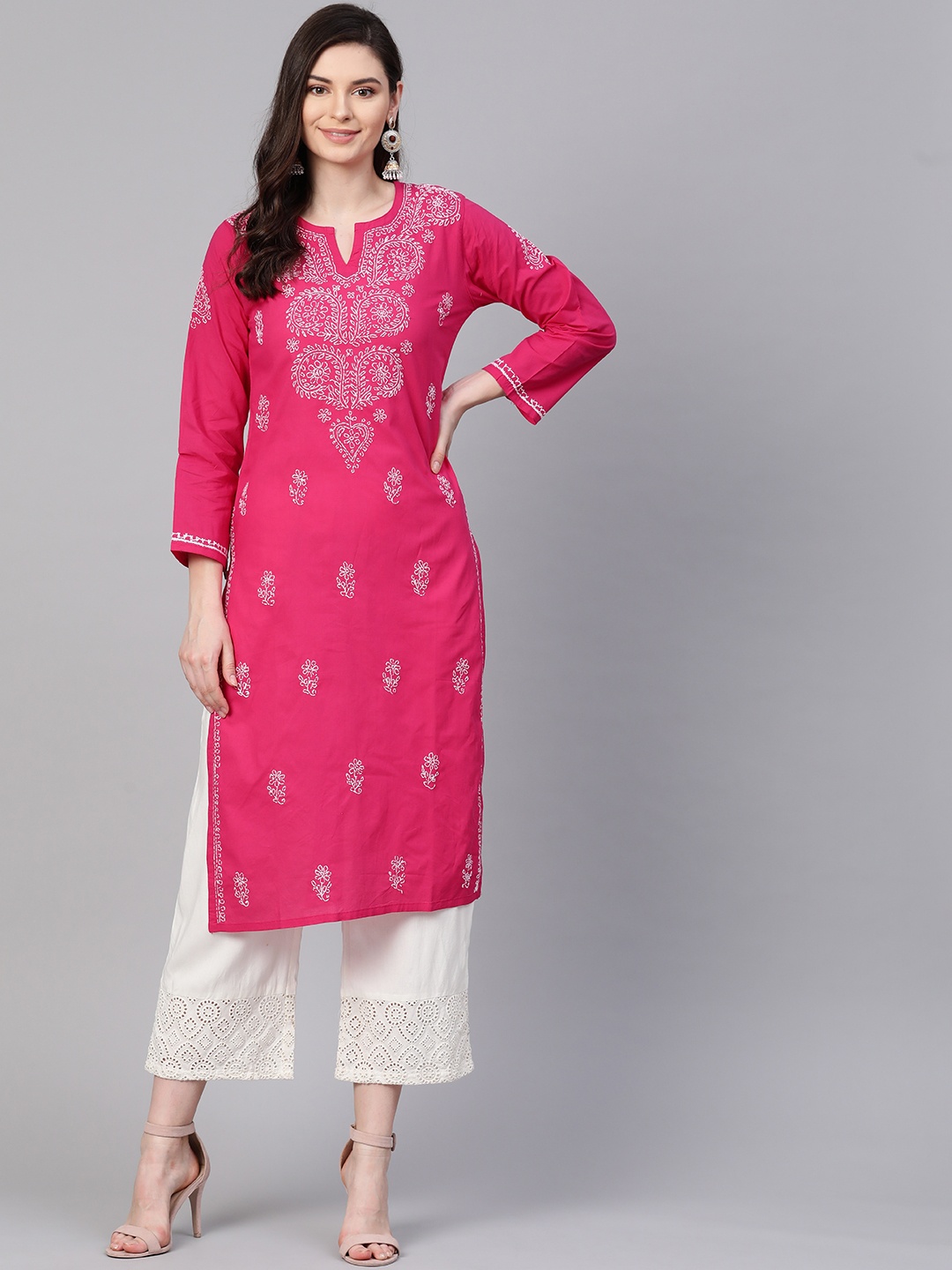 

ADA Women Pink & White Chikankari Hand Embroidered Semi Sheer Straight Handloom Kurta