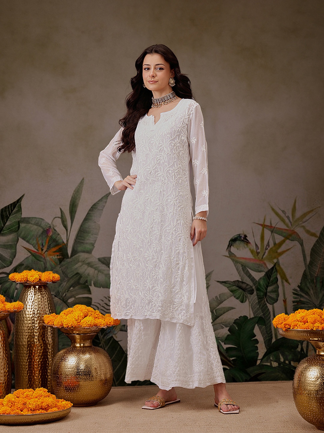 

ADA Women White Chikankari Hand Embroidered Sheer Straight Handloom Kurta with Inner