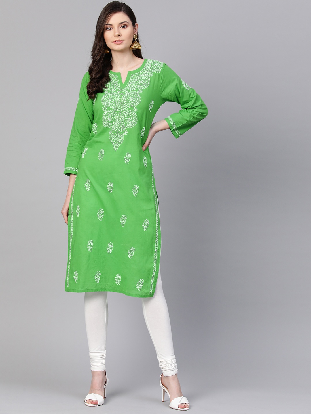 

ADA Women Green & White Hand Embroidered Lucknowi Chikankari Straight Sustainable Handloom Kurta