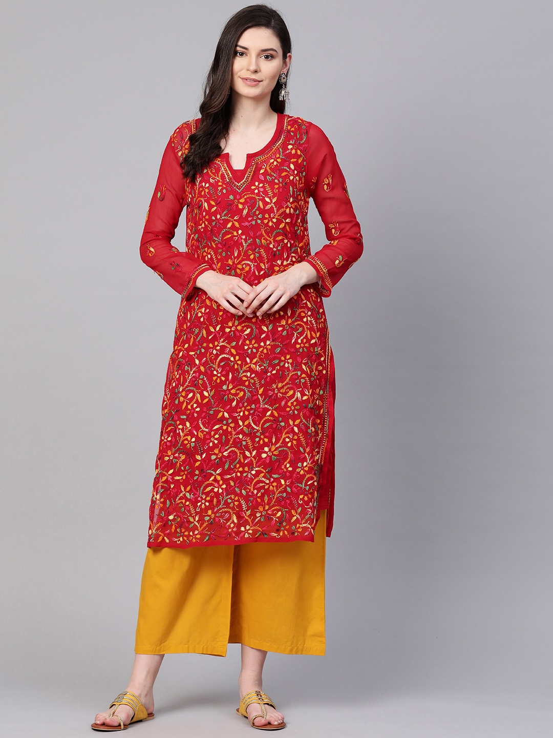 

ADA Women Rust Red & Mustard Yellow Chikankari Hand Embroidered Sheer Handloom Kurta with Inner