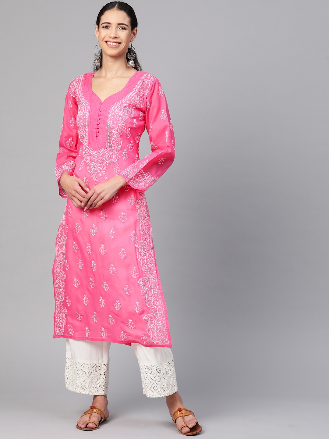 

ADA Women Pink & White Chikankari Embroidered Straight Sustainable Handloom Kurta