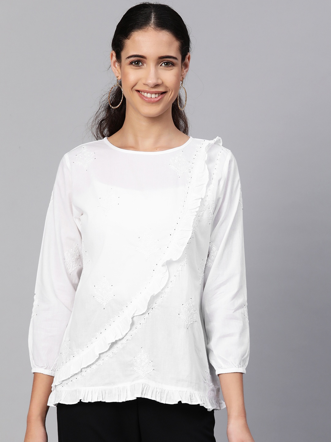 

ADA Women White Chikankari Hand Embroidered Sustainable Pure Cotton Handloom Top