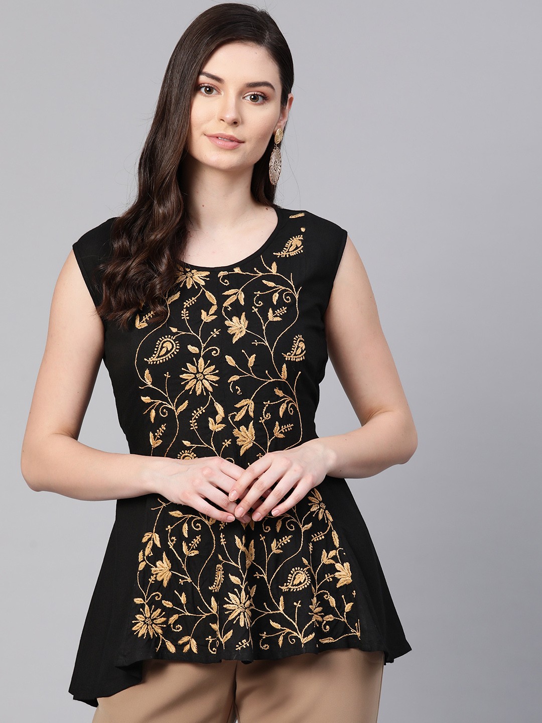 

ADA Women Black & Beige Chikankari Hand Embroidered A-Line Sustainable Pure Cotton Top