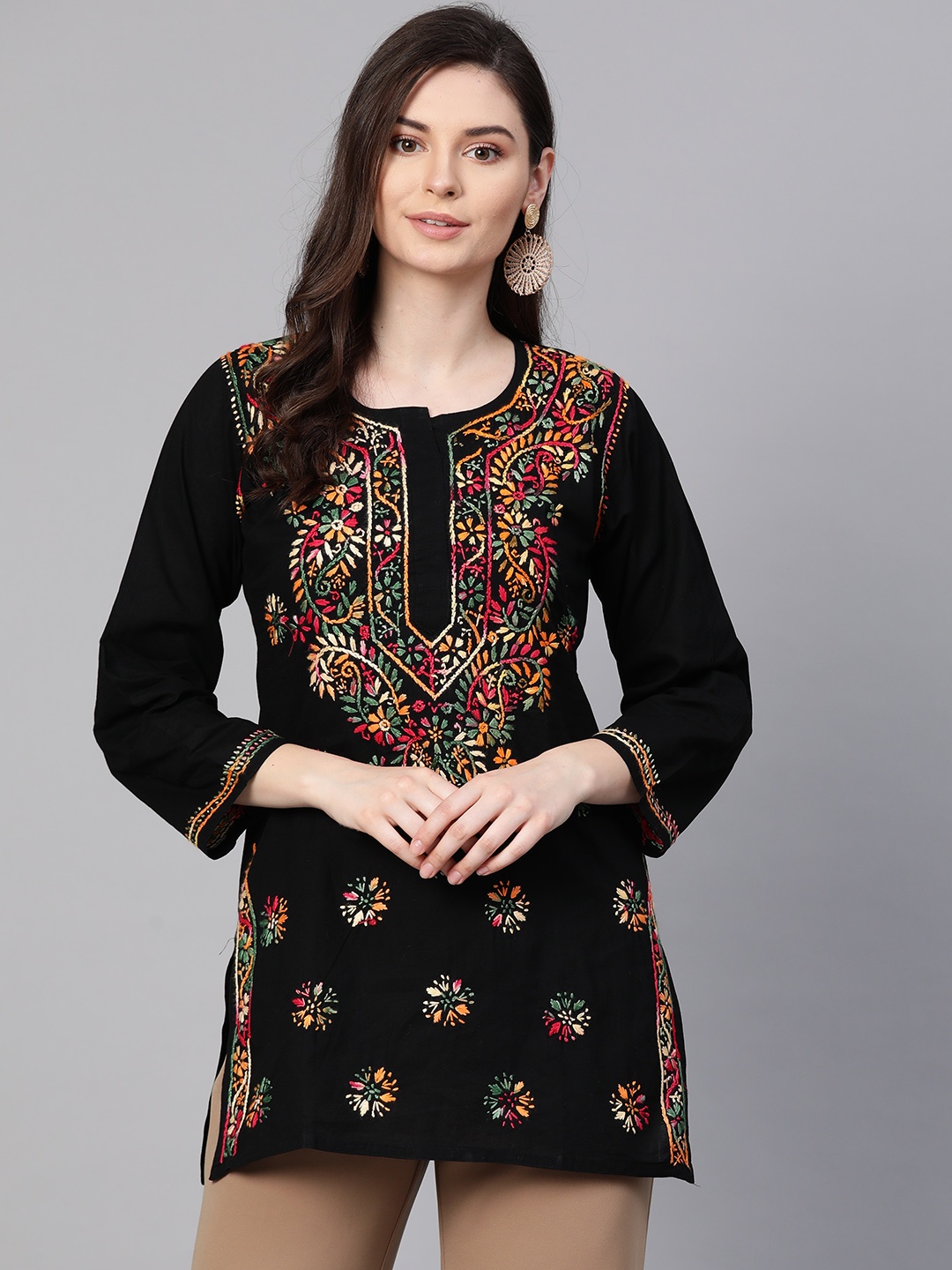 

ADA Women Black & Pink Chikankari Hand Embroidered Pure Cotton Straight Handloom Kurti