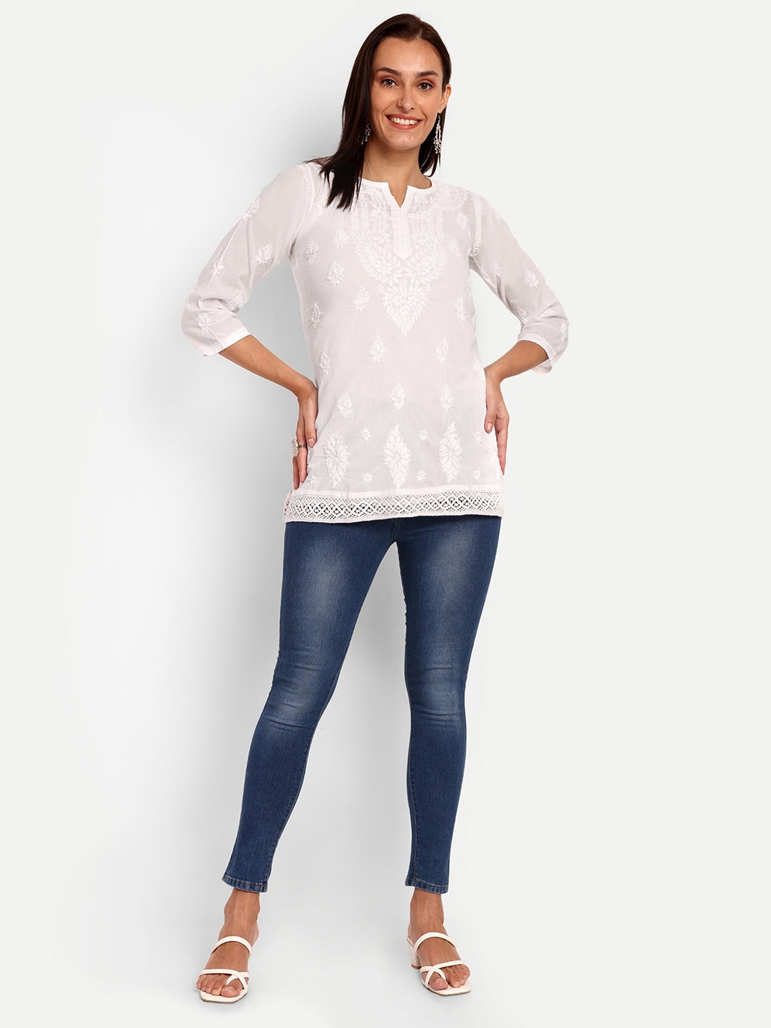 

ADA Women White Chikankari Hand Embroidered Pure Cotton Straight Sustainable Handloom Kurti