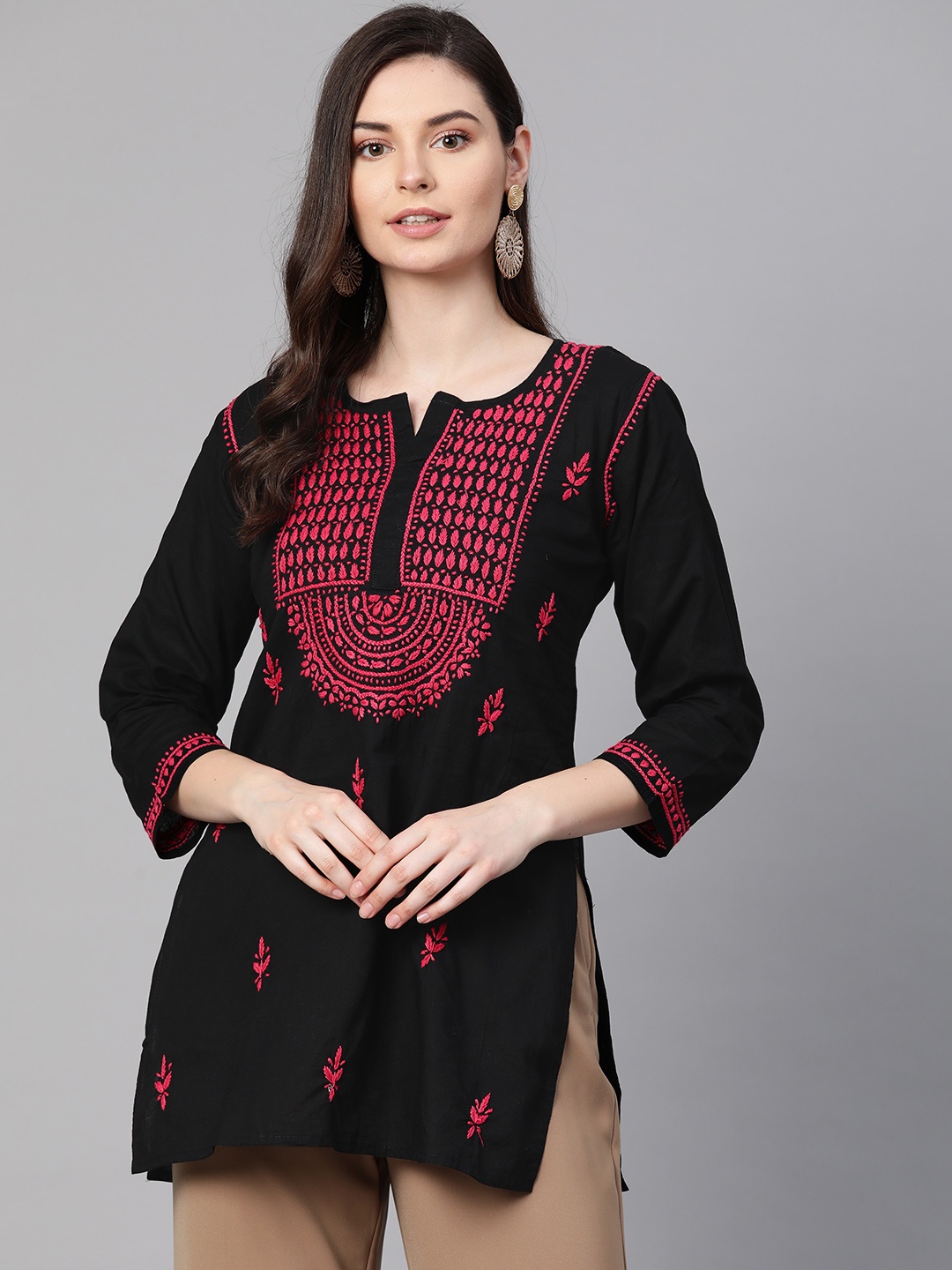 

ADA Women Black & Pink Chikankari Hand Embroidered Pure Cotton Straight Handloom Kurti