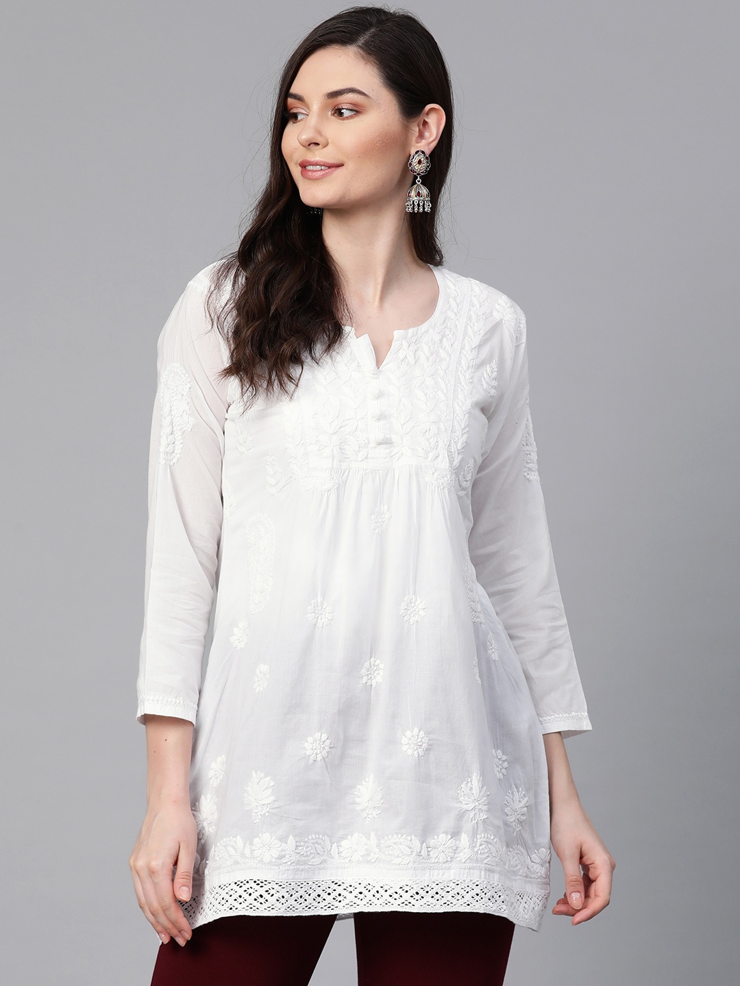 

ADA Women White Chikankari Hand Embroidered Pure Cotton A-Line Handloom Kurti