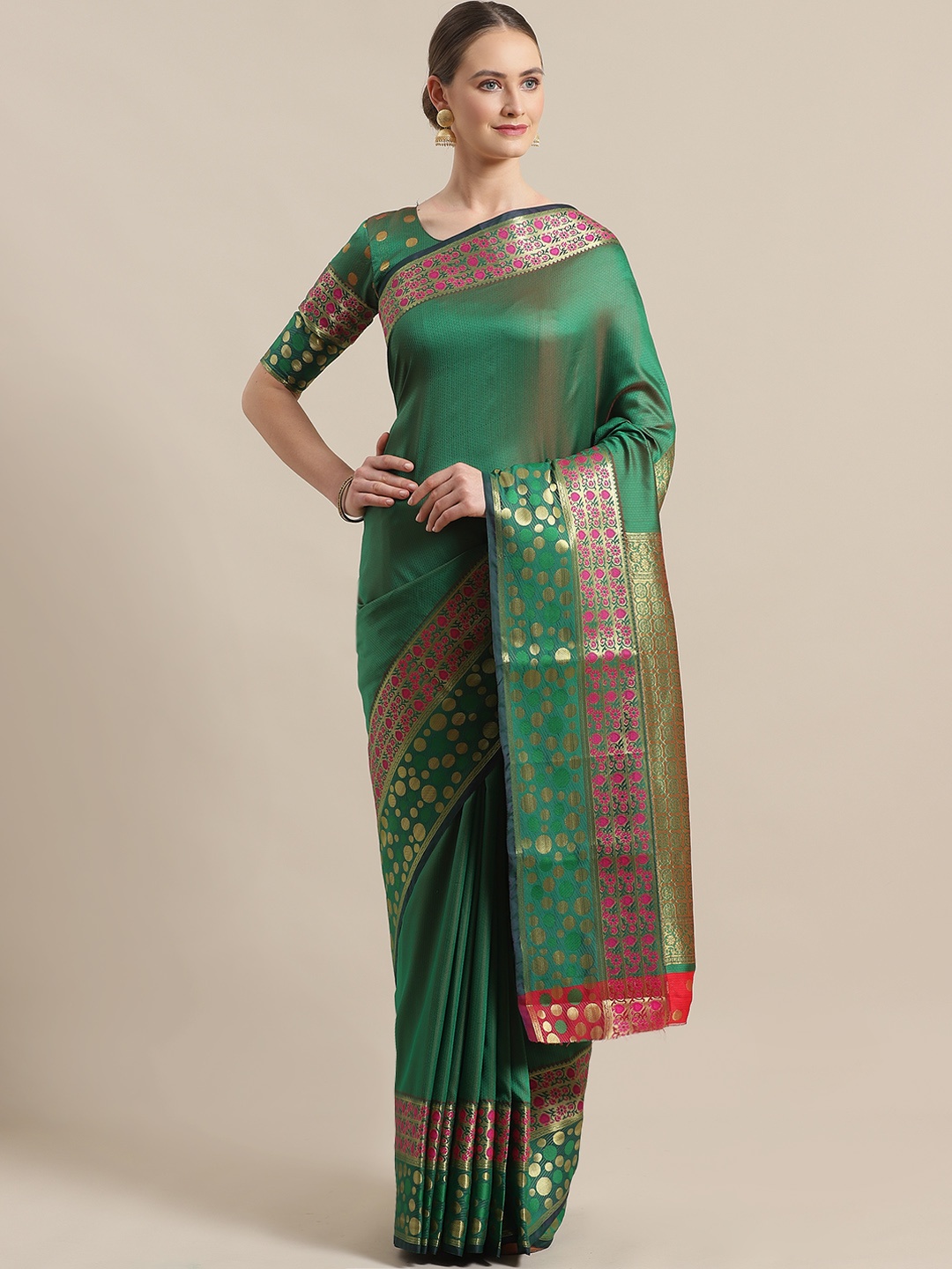 

Saree mall Green & Golden Solid Banarasi Saree