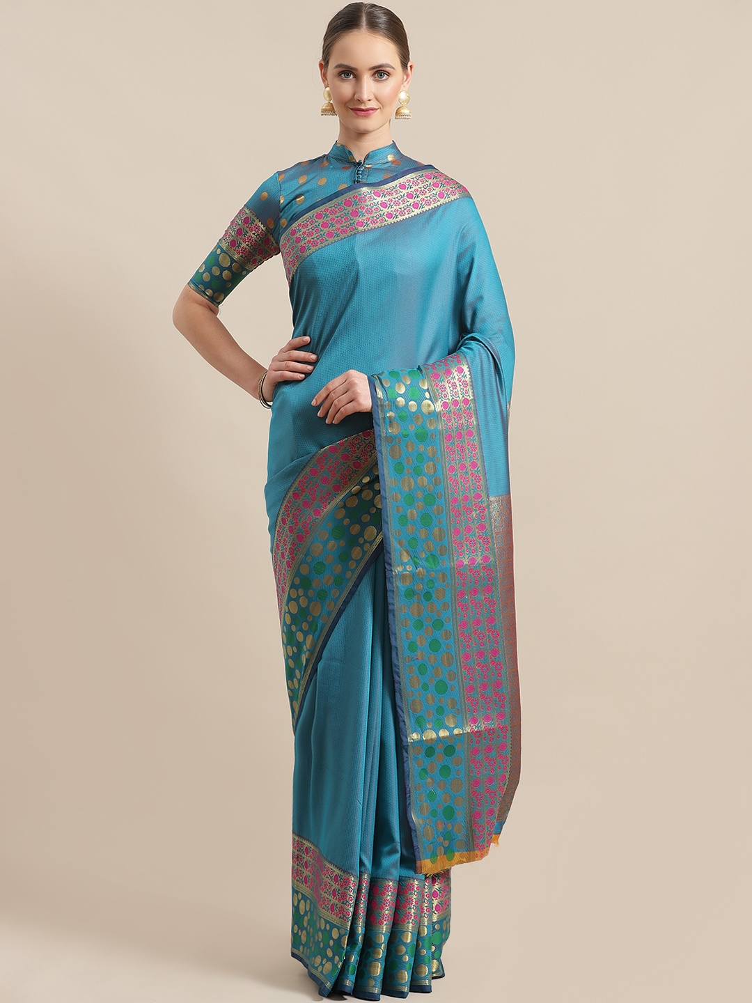 

Saree mall Teal Blue & Green Woven Design Banarasi Saree