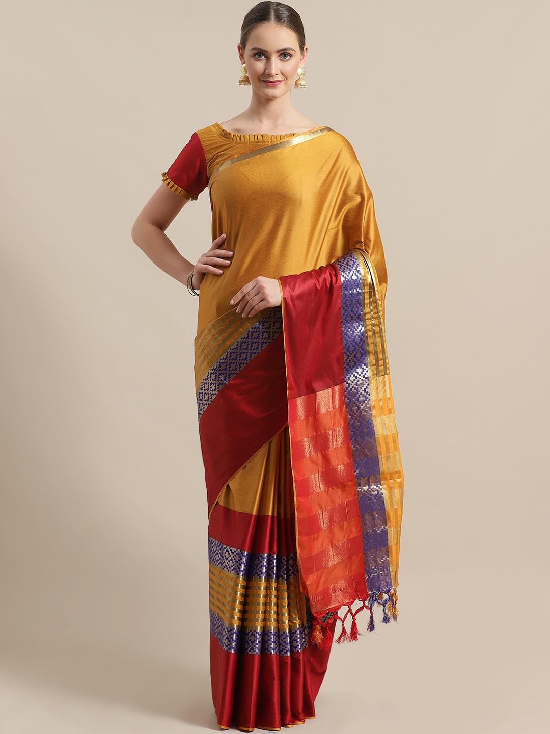 

Saree mall Mustard Yellow & Red Colourblocked Banarasi Saree