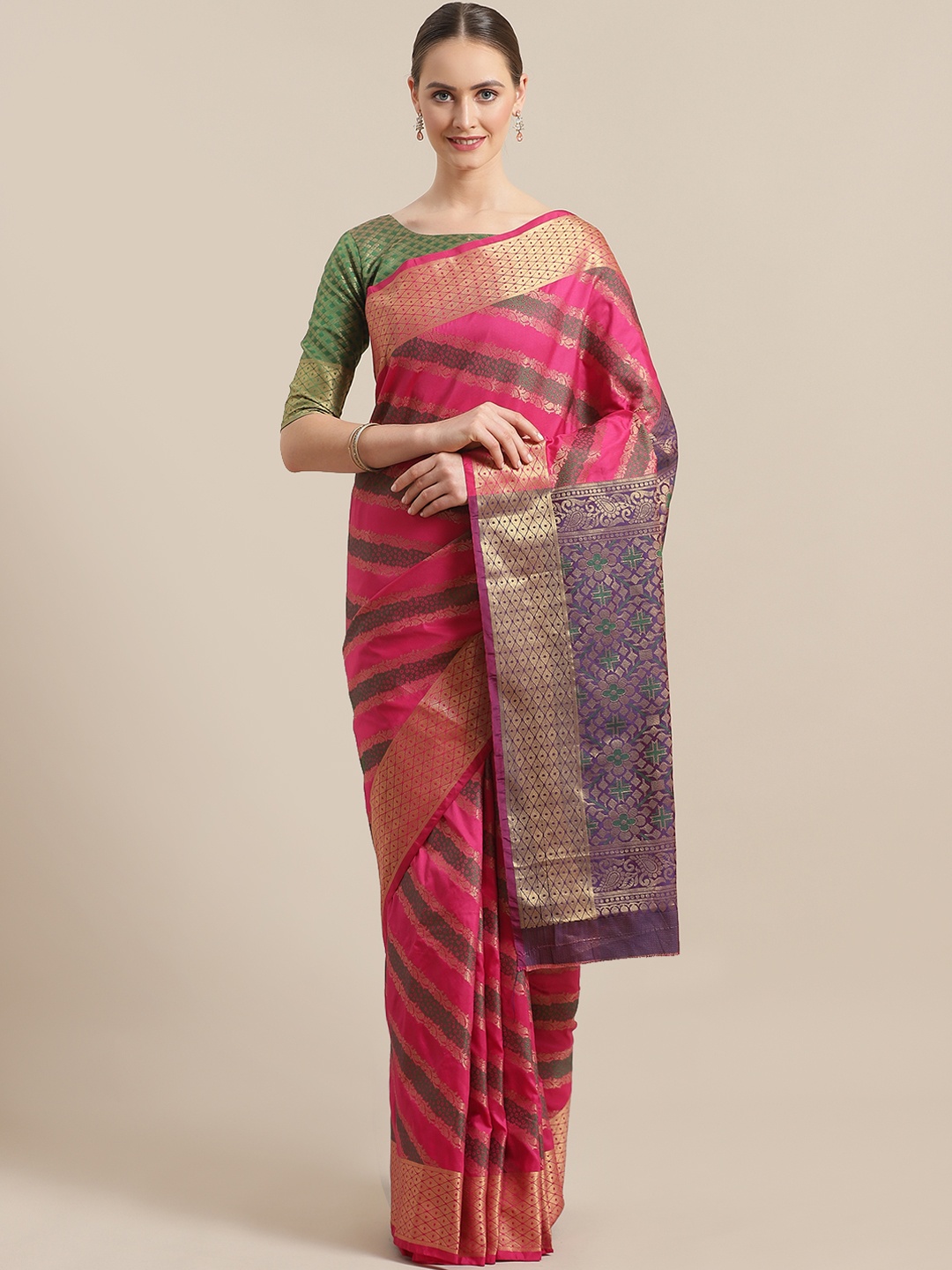 

Saree mall Pink & Golden Striped Banarasi Saree