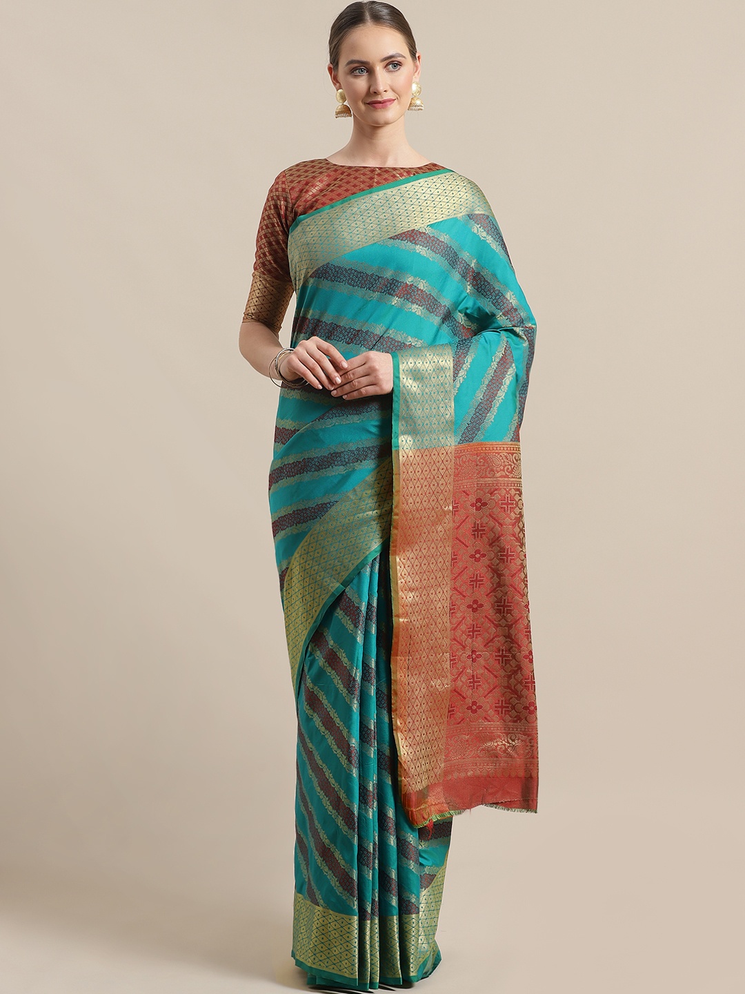 

Saree mall Green & Golden Striped Banarasi Saree