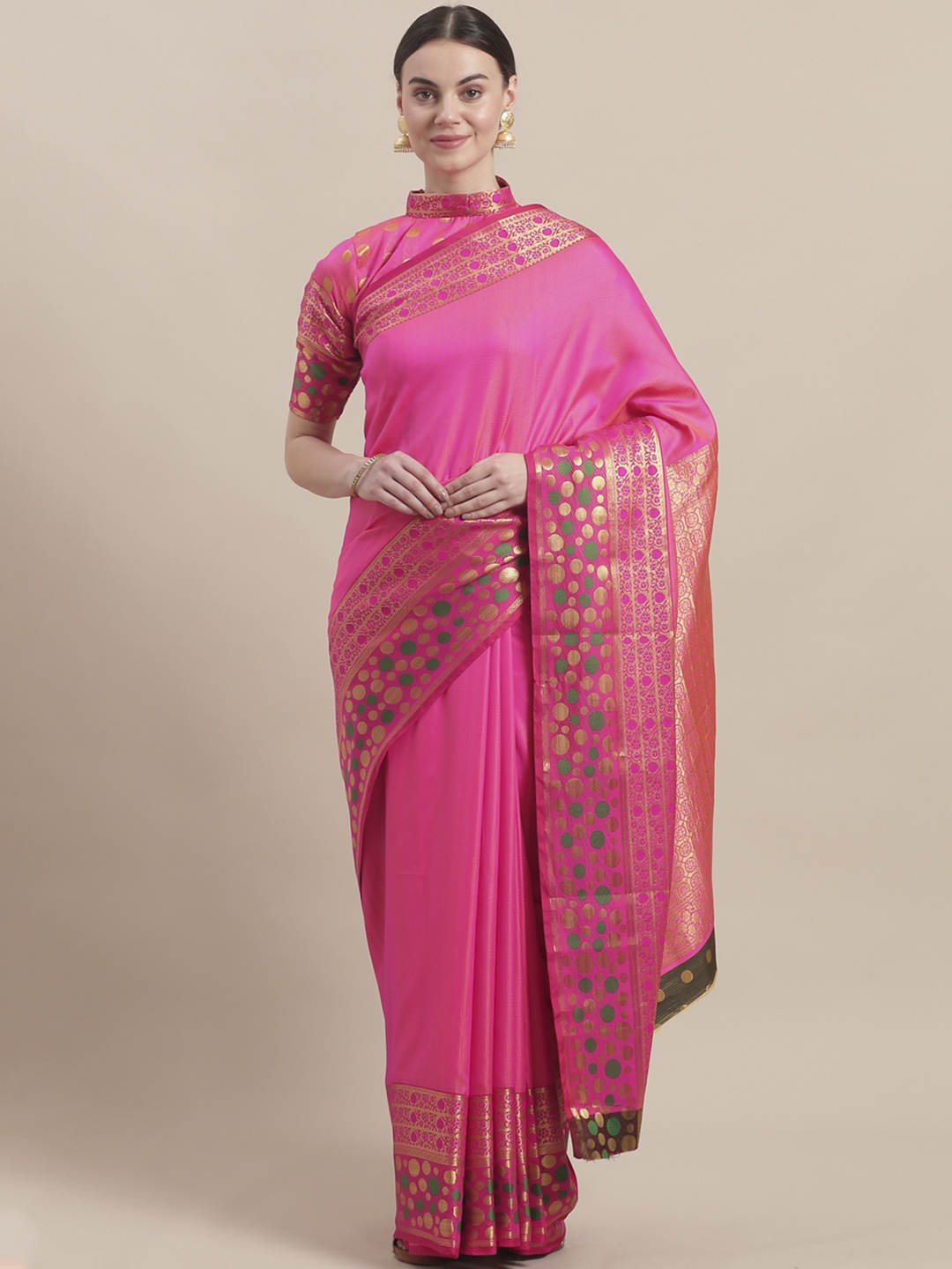 

Saree mall Pink & Golden Woven Design Banarasi Saree