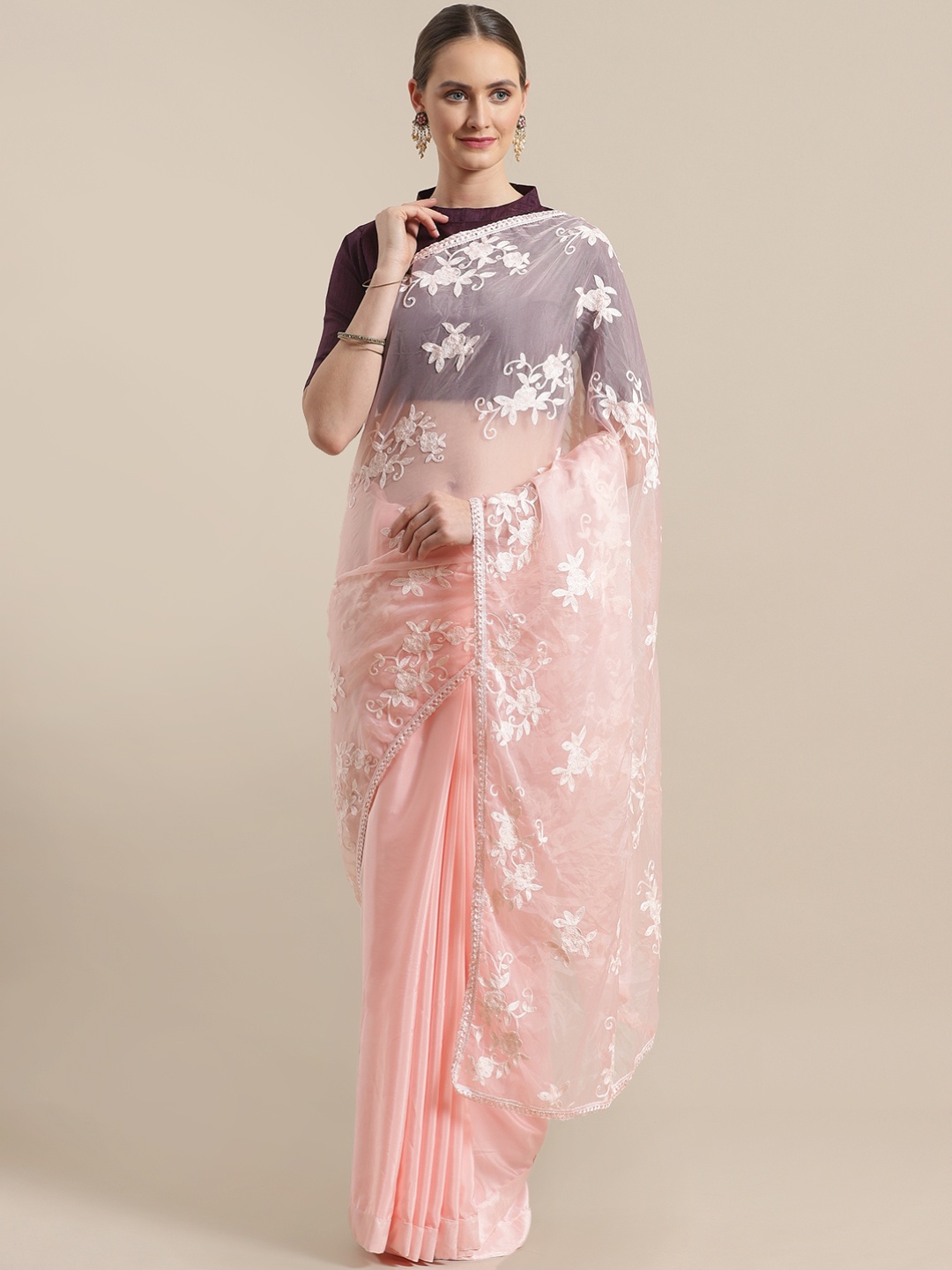 

Saree mall Peach-Coloured Embroidered Detail Half & Half Saree