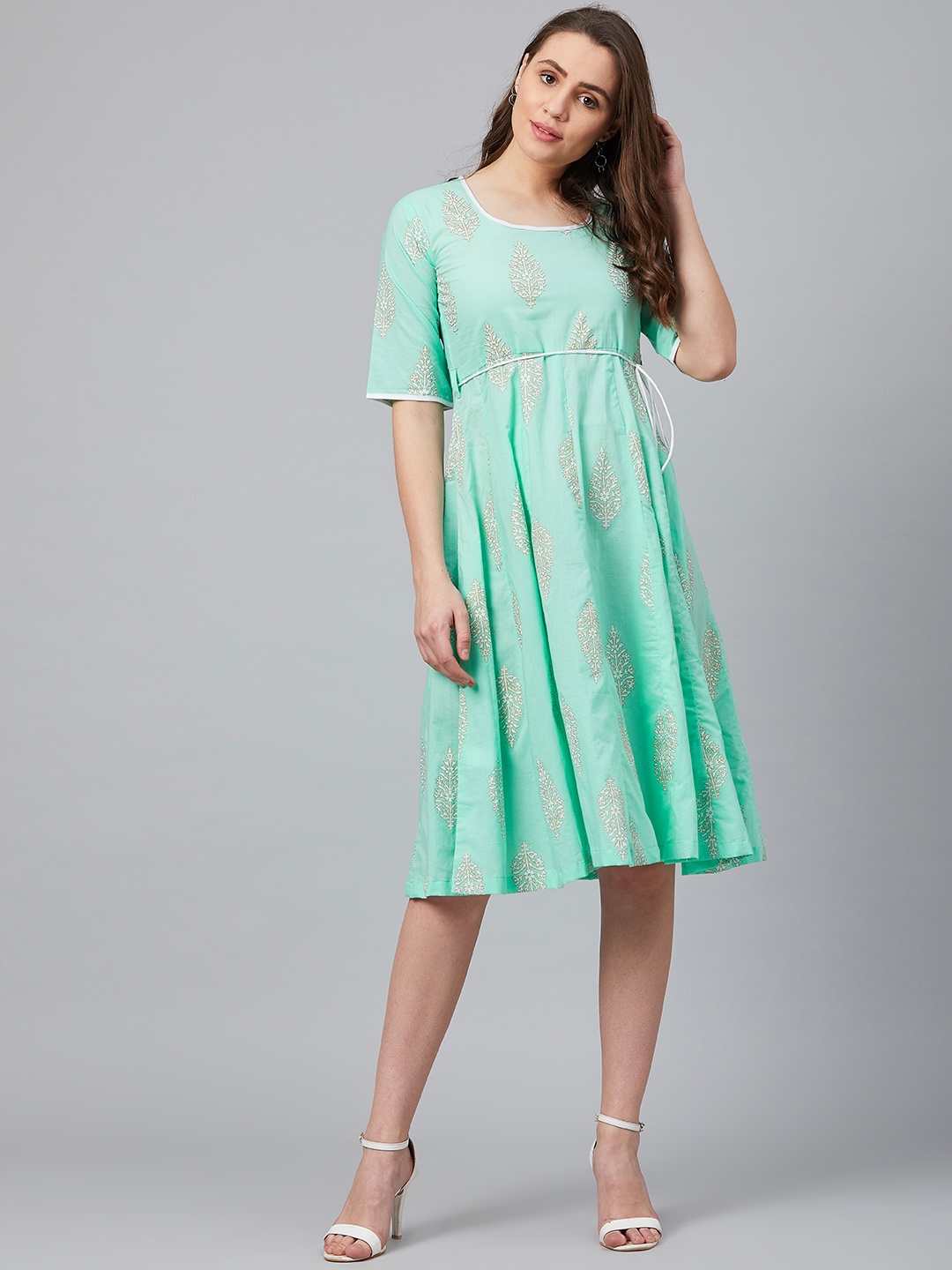 

Wabii Women Sea Green & White Printed A-Line Dress