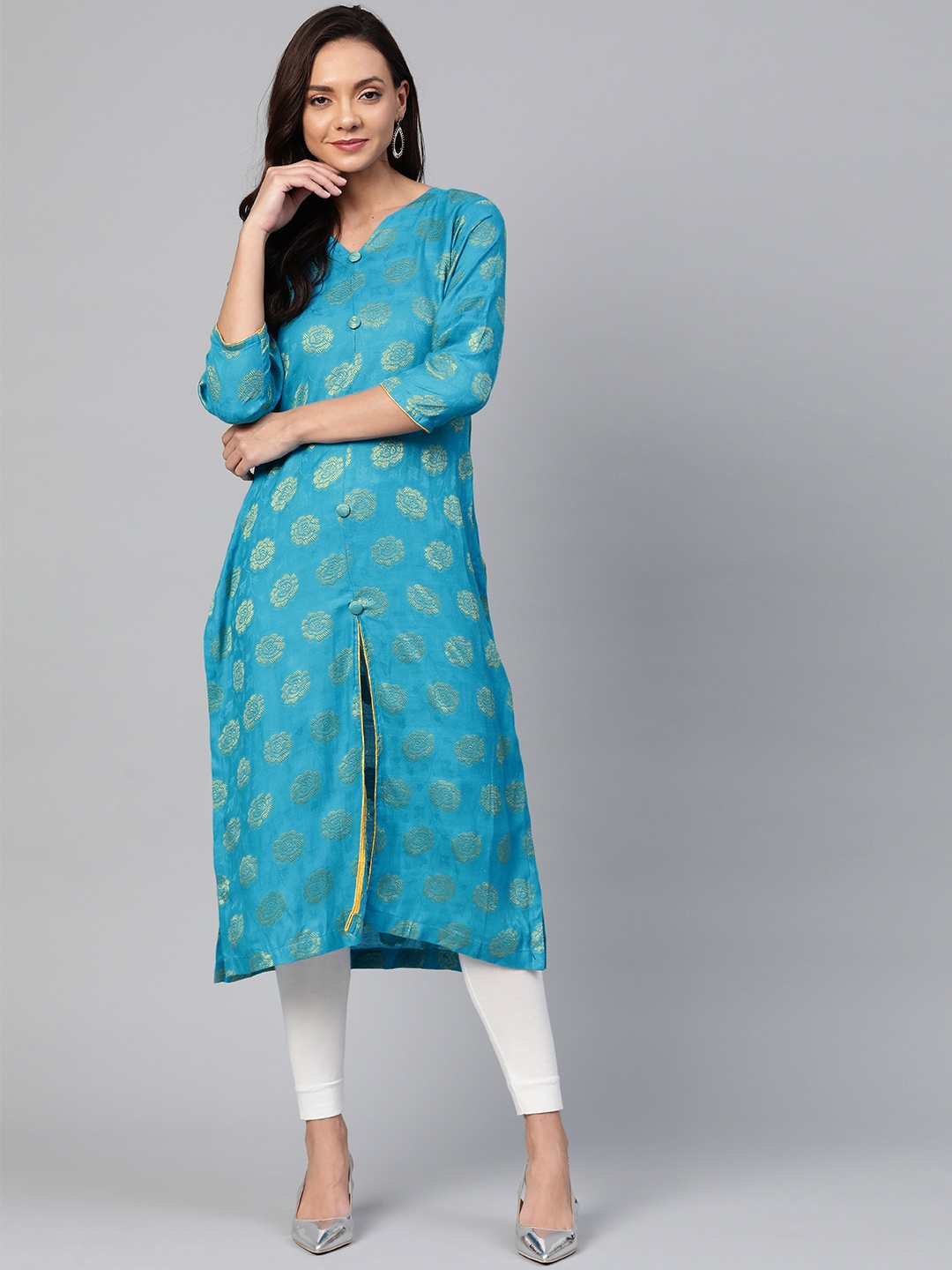 

Wabii Women Blue & Green Woven Design Straight Kurta