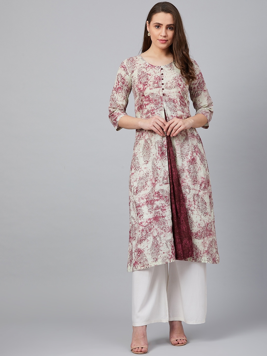 

Wabii Women Off-White & Burgundy Printed A-Line Kurta