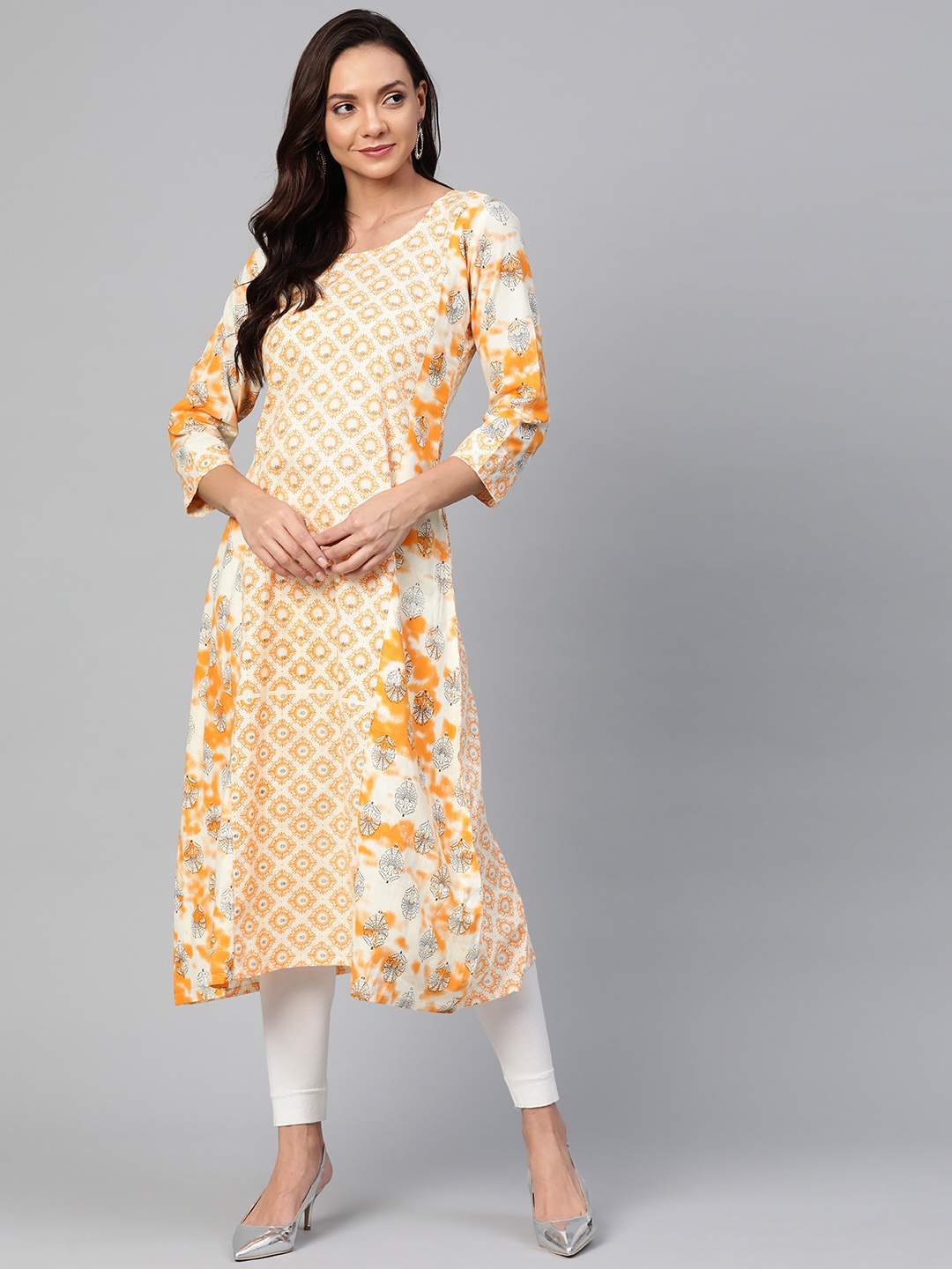 

Wabii Women Orange & Off-White Printed A-Line Kurta