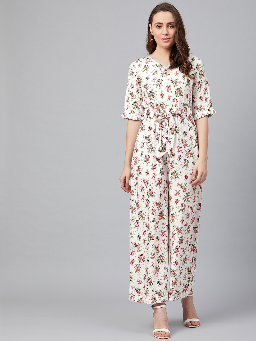 

Wabii Women White & Pink Printed Basic Jumpsuit