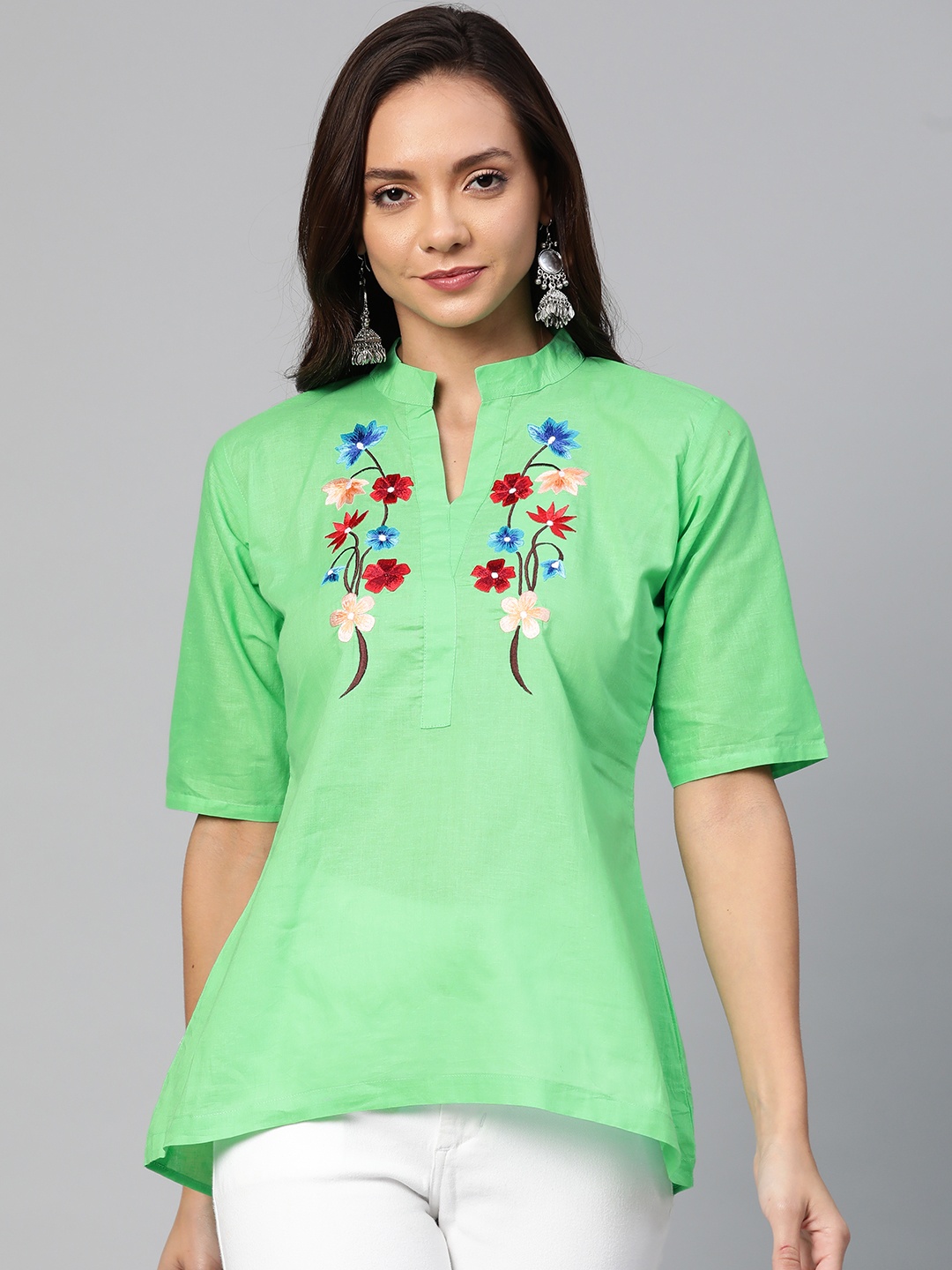 

Wabii Women Green Semi Sheer Embroidered Detail Top