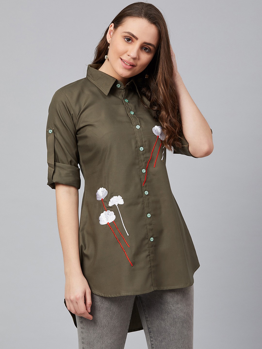 

Wabii Women Olive Green & White Regular Fit Embroidered Casual Shirt