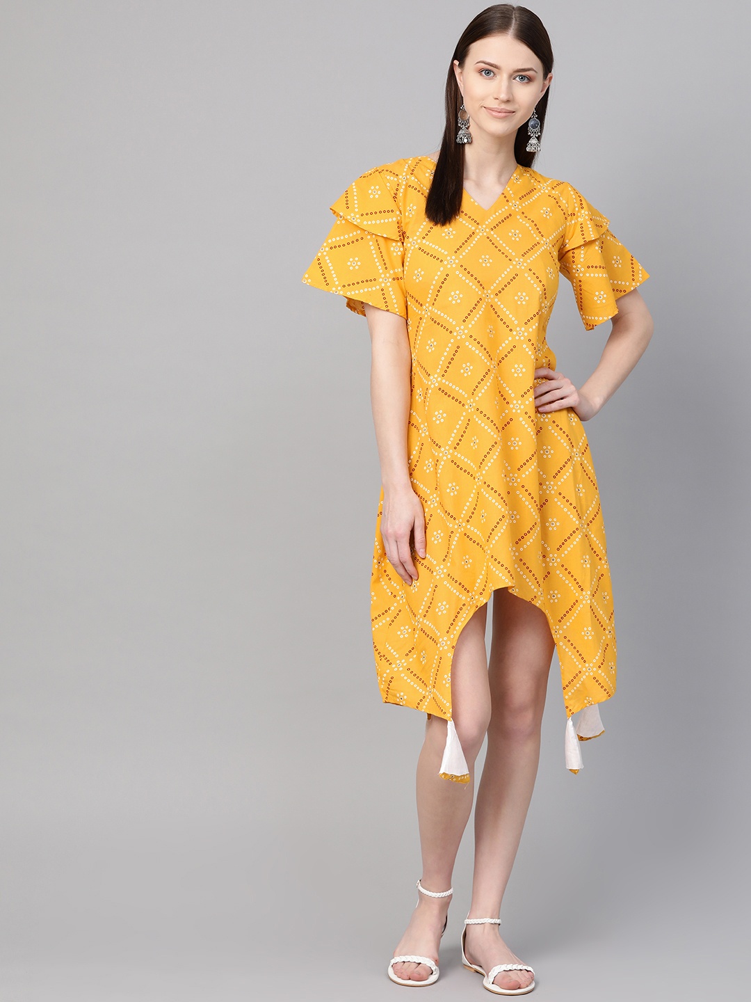 

Wabii Women Mustard Yellow & Maroon Bandhani Print A-Line Dress