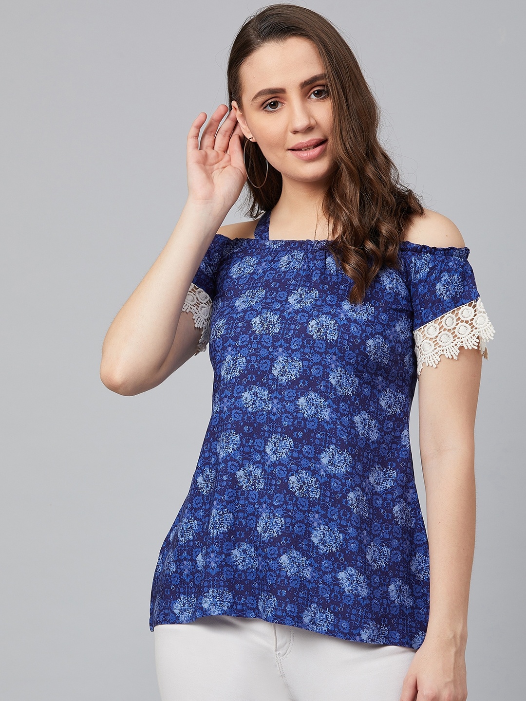 

Wabii Women Navy Blue Cold-Shoulder Printed Top