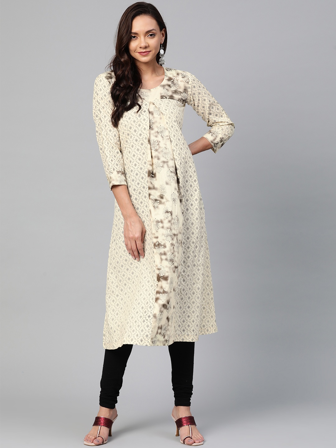 

Wabii Women Cream-Coloured & Black Printed A-Line Kurta