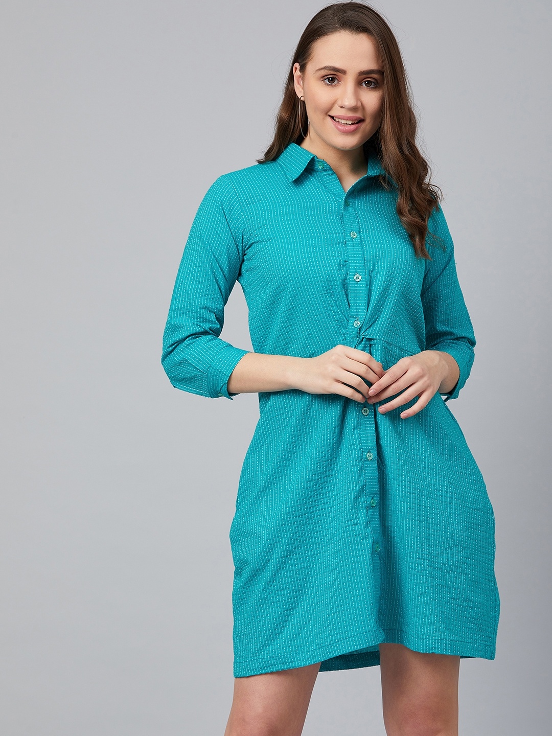 

Wabii Women Blue Striped Knot Detail Shirt Dress