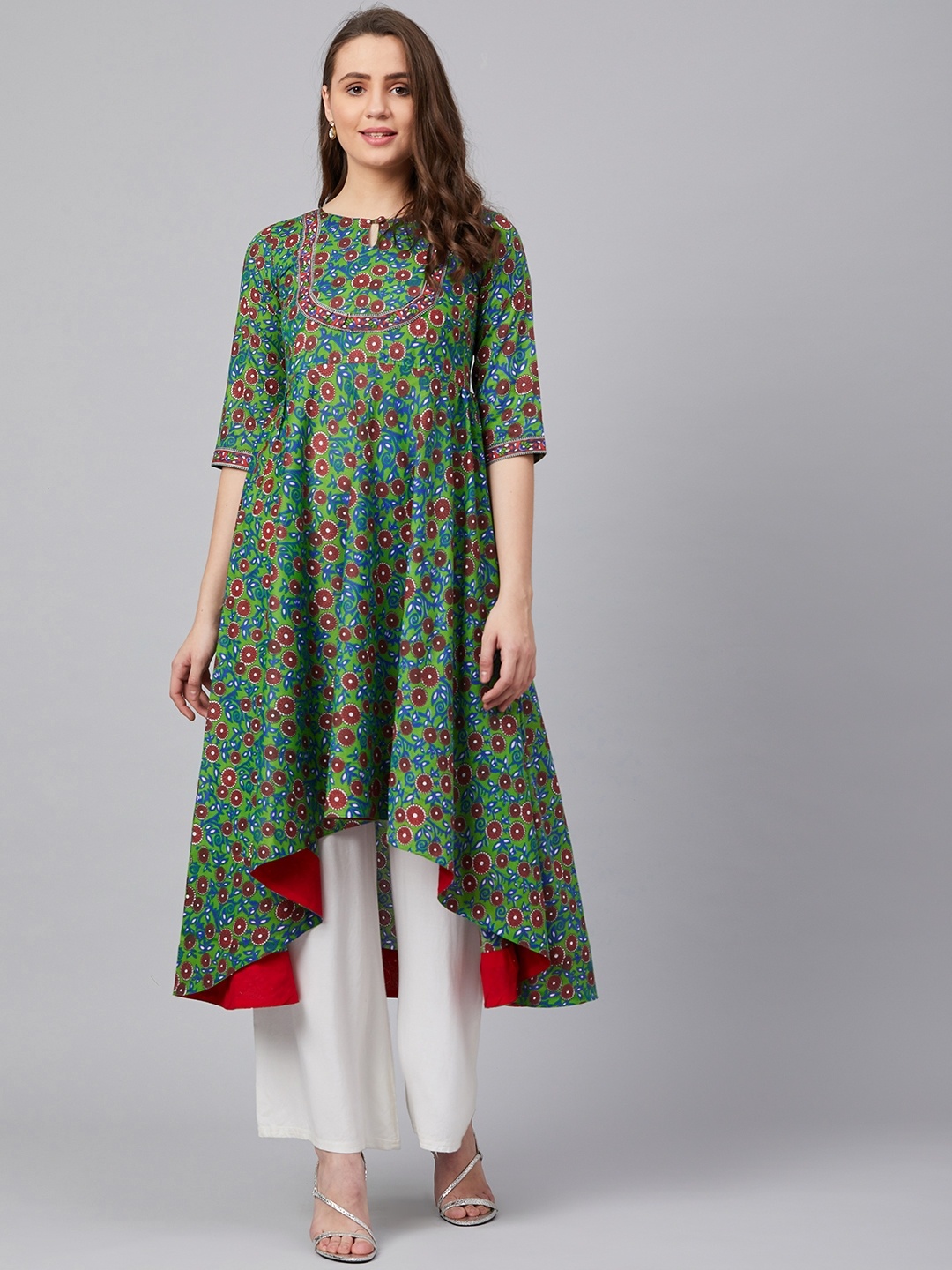 

Wabii Women Green & Red Printed Anarkali Kurta