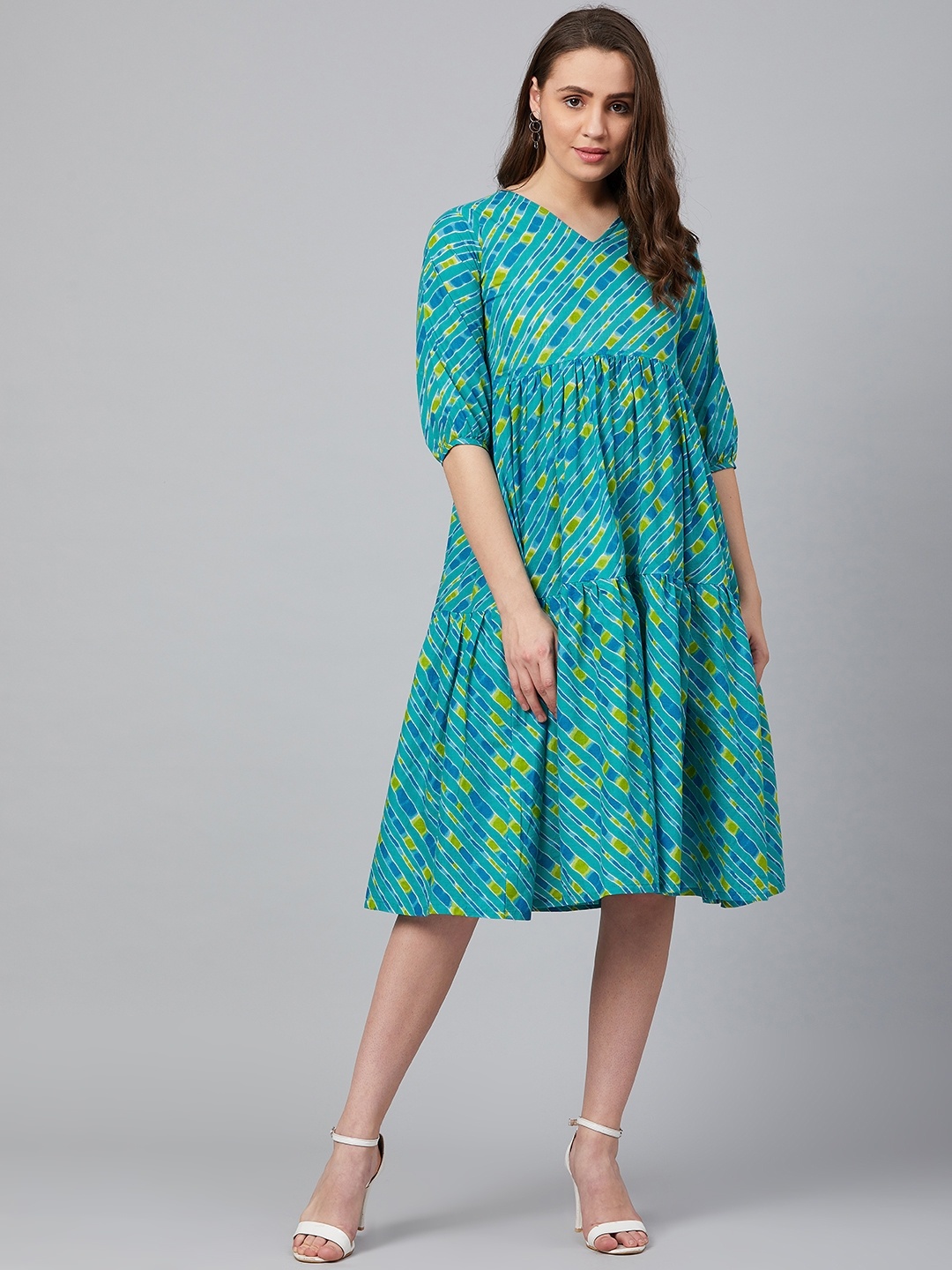 

Wabii Women Sea Green Striped Tiered Empire Dress