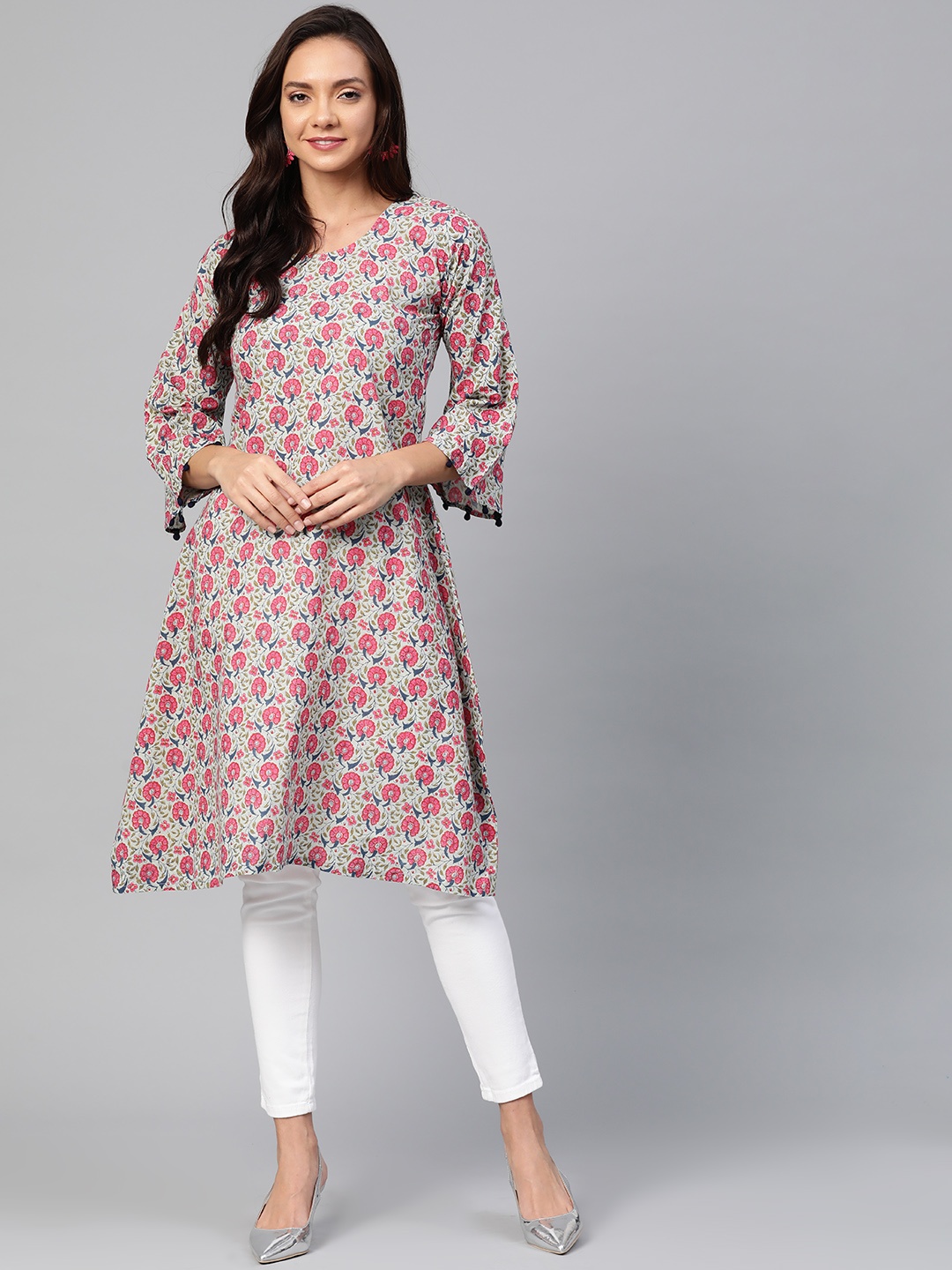 

Wabii Women Green & Pink Floral Printed A-Line Dress