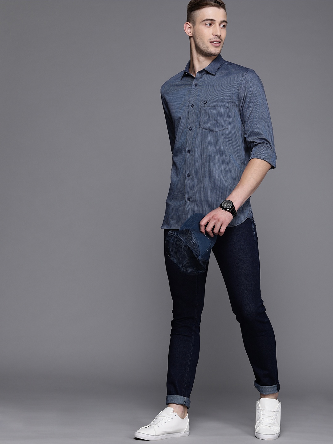 

Allen Solly Men Navy Blue Sport Fit Self Design Casual Shirt