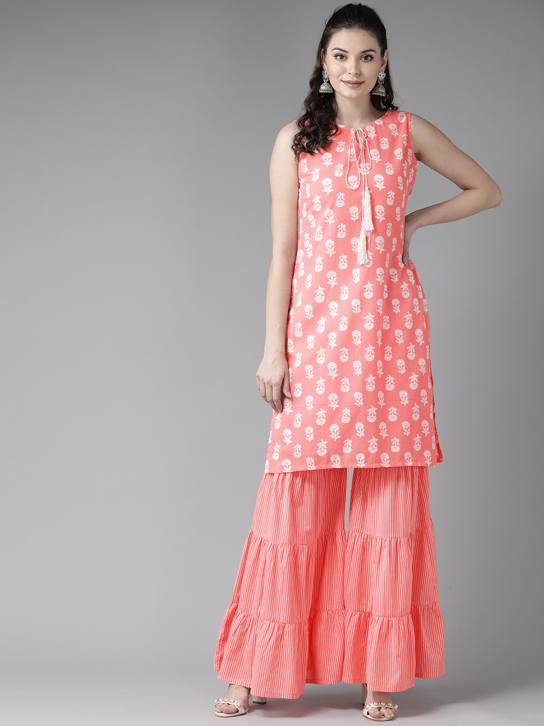 

See Designs Women Pink & White Screen Print Kurta with Sharara
