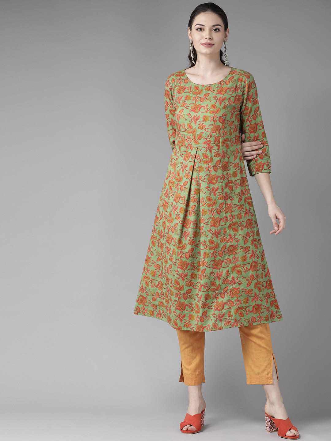 

See Designs Women Green & Rust Orange Screen Print A-Line Kurta