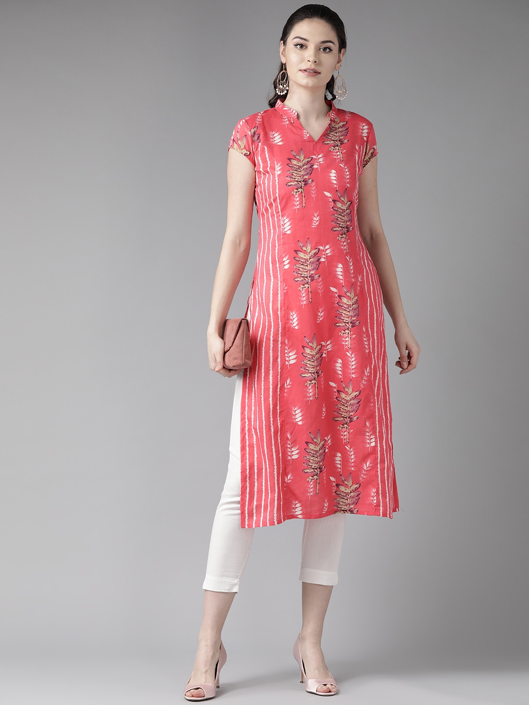 

See Designs Women Coral Pink & Off-White Screen Print Straight Kurta