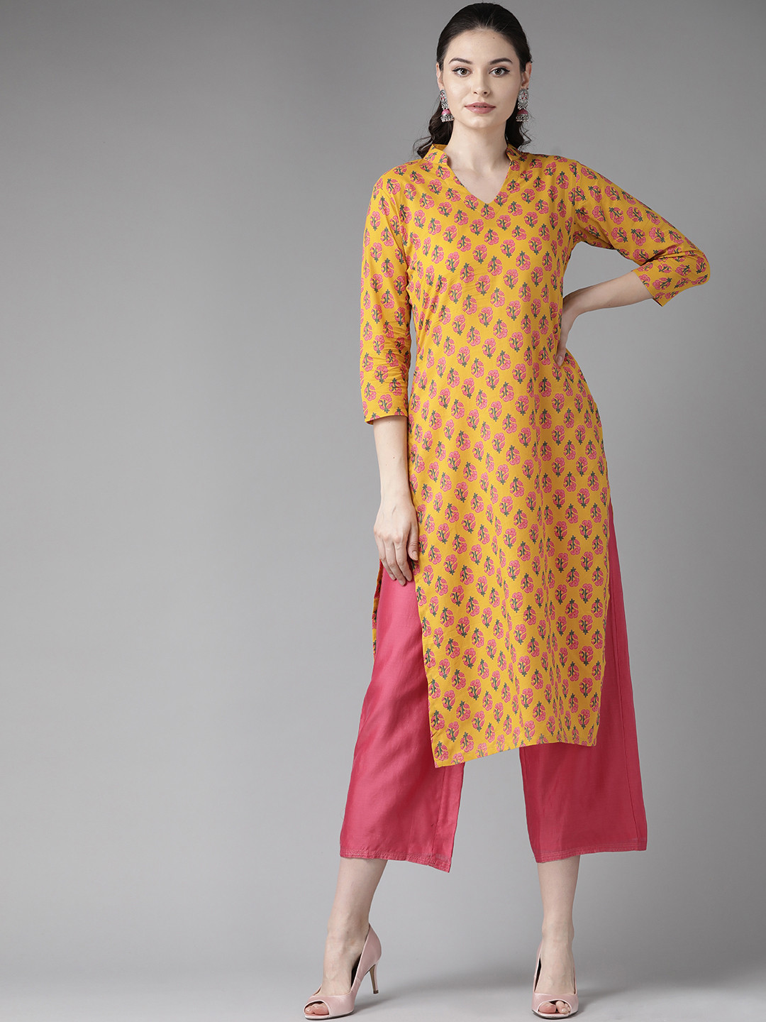 

See Designs Women Mustard Yellow & Pink Screen Print Straight Kurta
