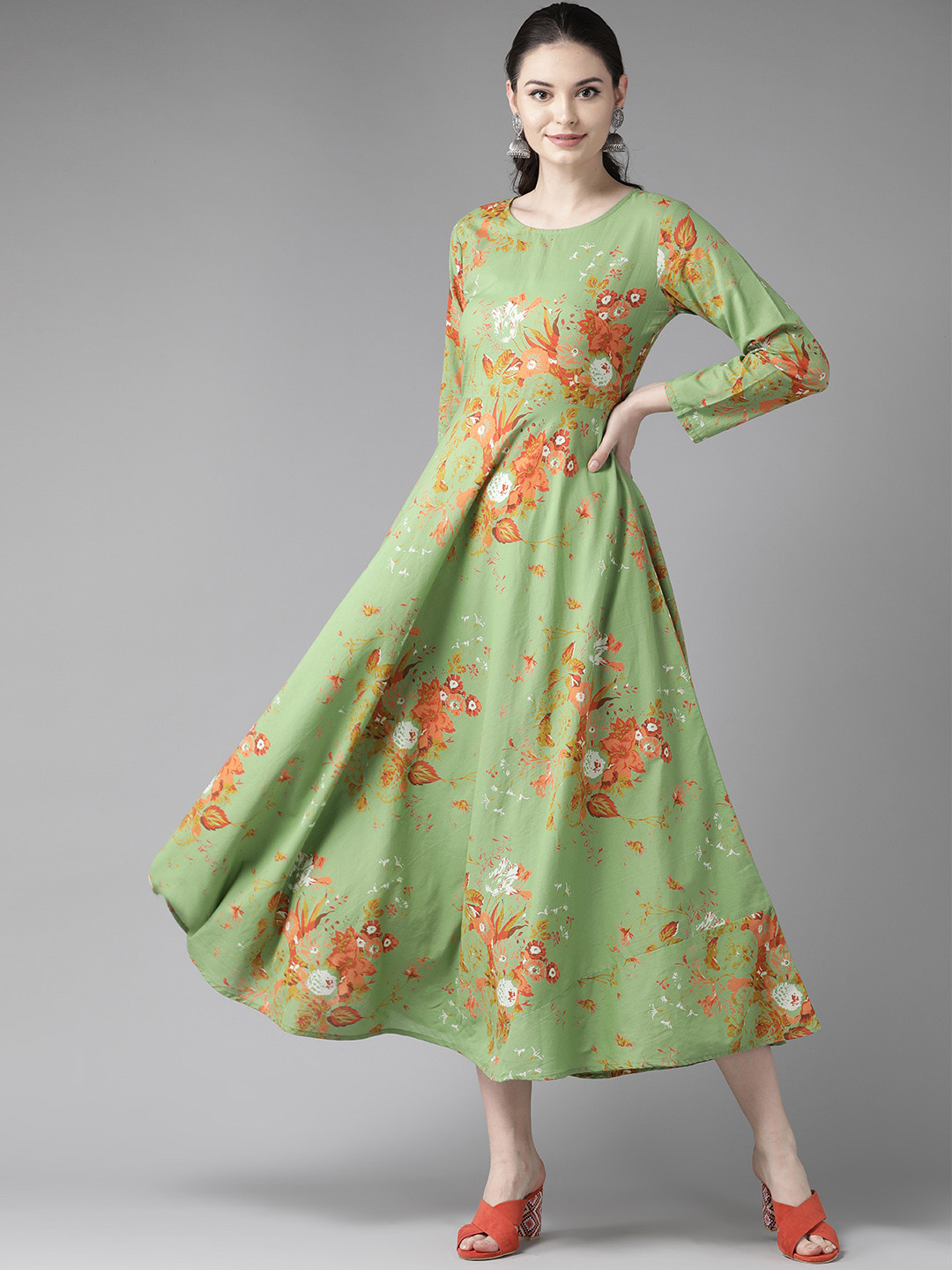 

See Designs Women Green & Orange Floral Print Maxi Dress