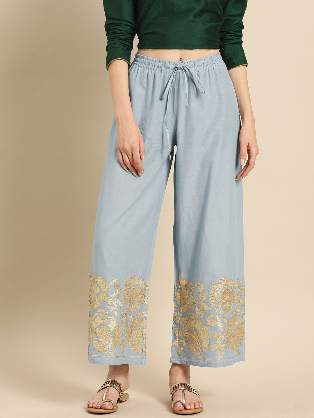 

Soch Women Blue Solid Straight Palazzos With Gotta Patti Detailing