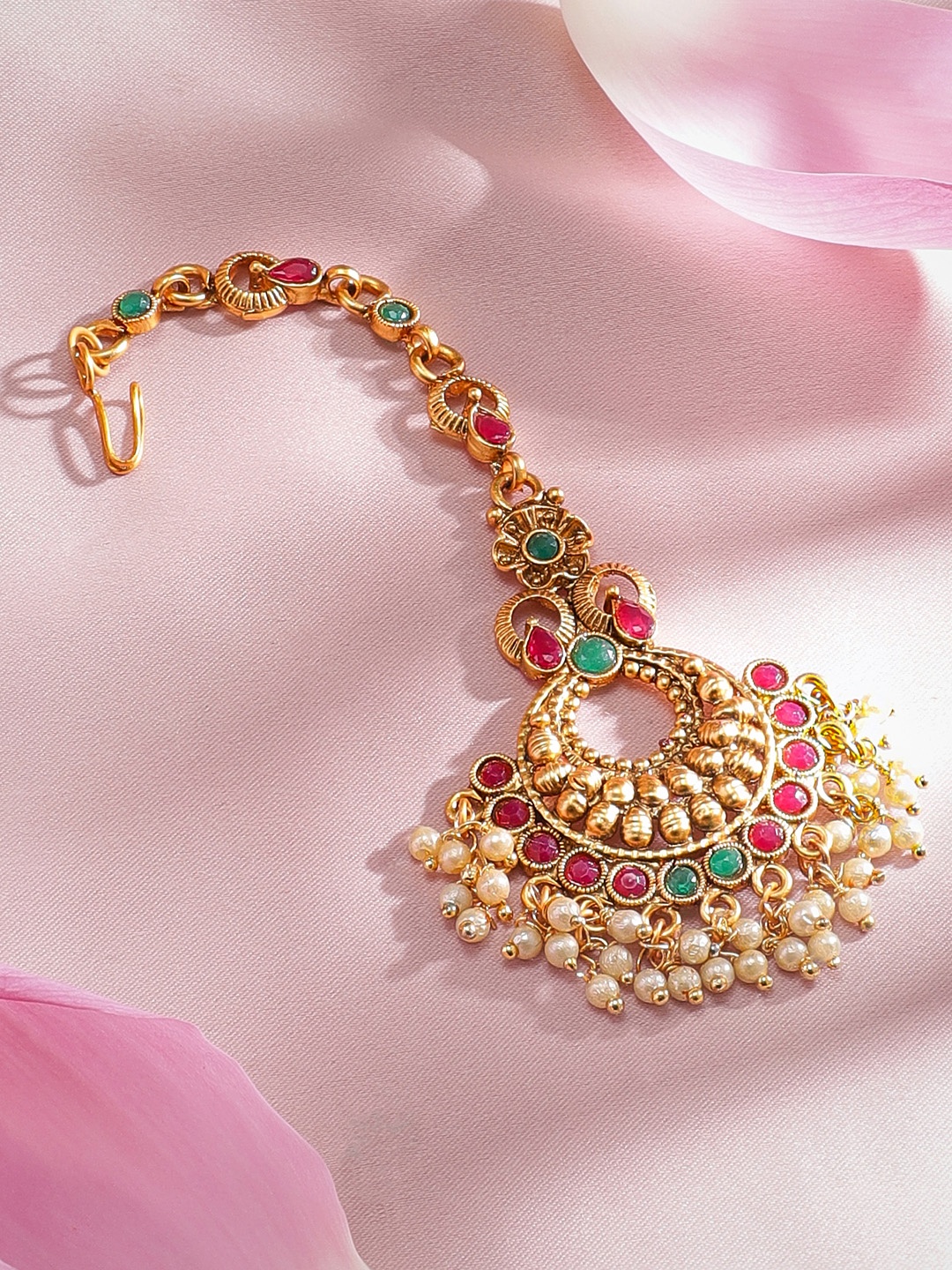 

Rubans Gold-Plated Pink & Green Color Stone-Studded Handcrafted Maang Tikka