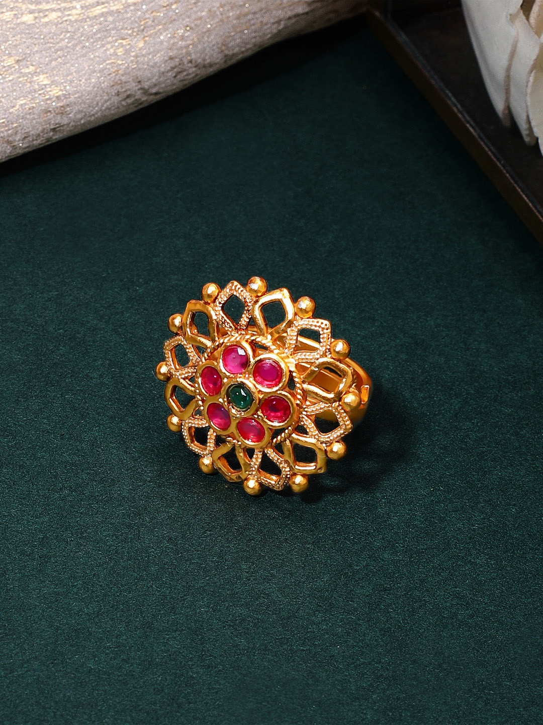 

Rubans Gold-Plated & Pink Stone-Studded Adjustable Handcrafted Statement Finger Ring