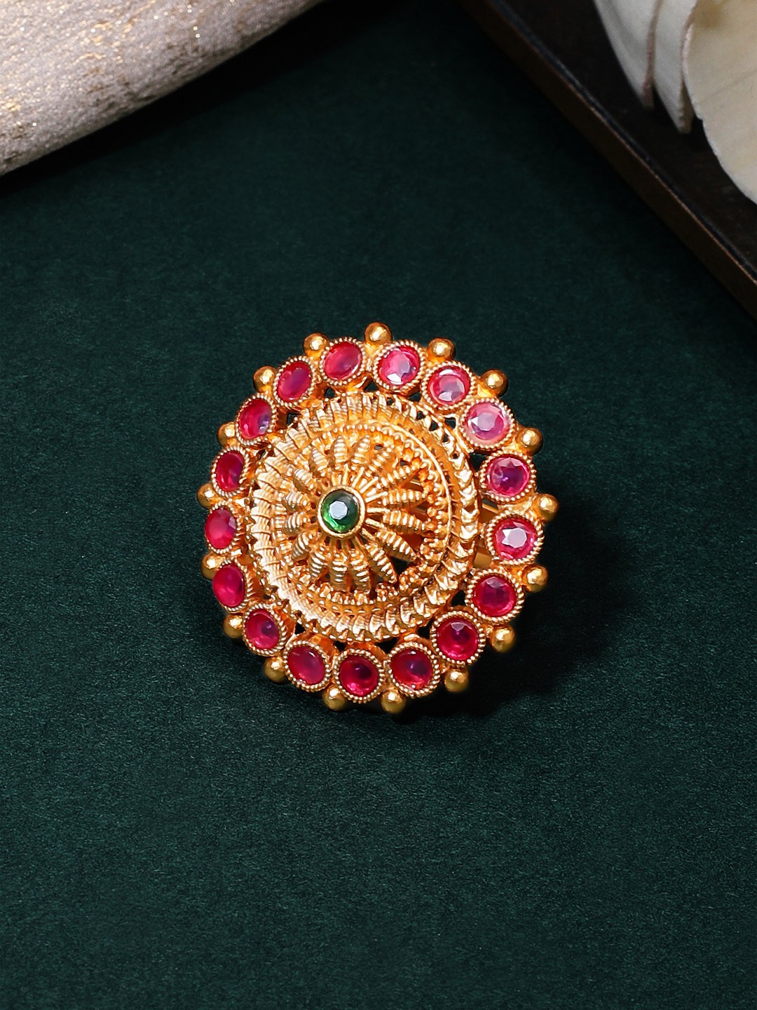 

Rubans Gold-Plated Pink & Green Stone-Studded Adjustable Handcrafted Statement Finger Ring