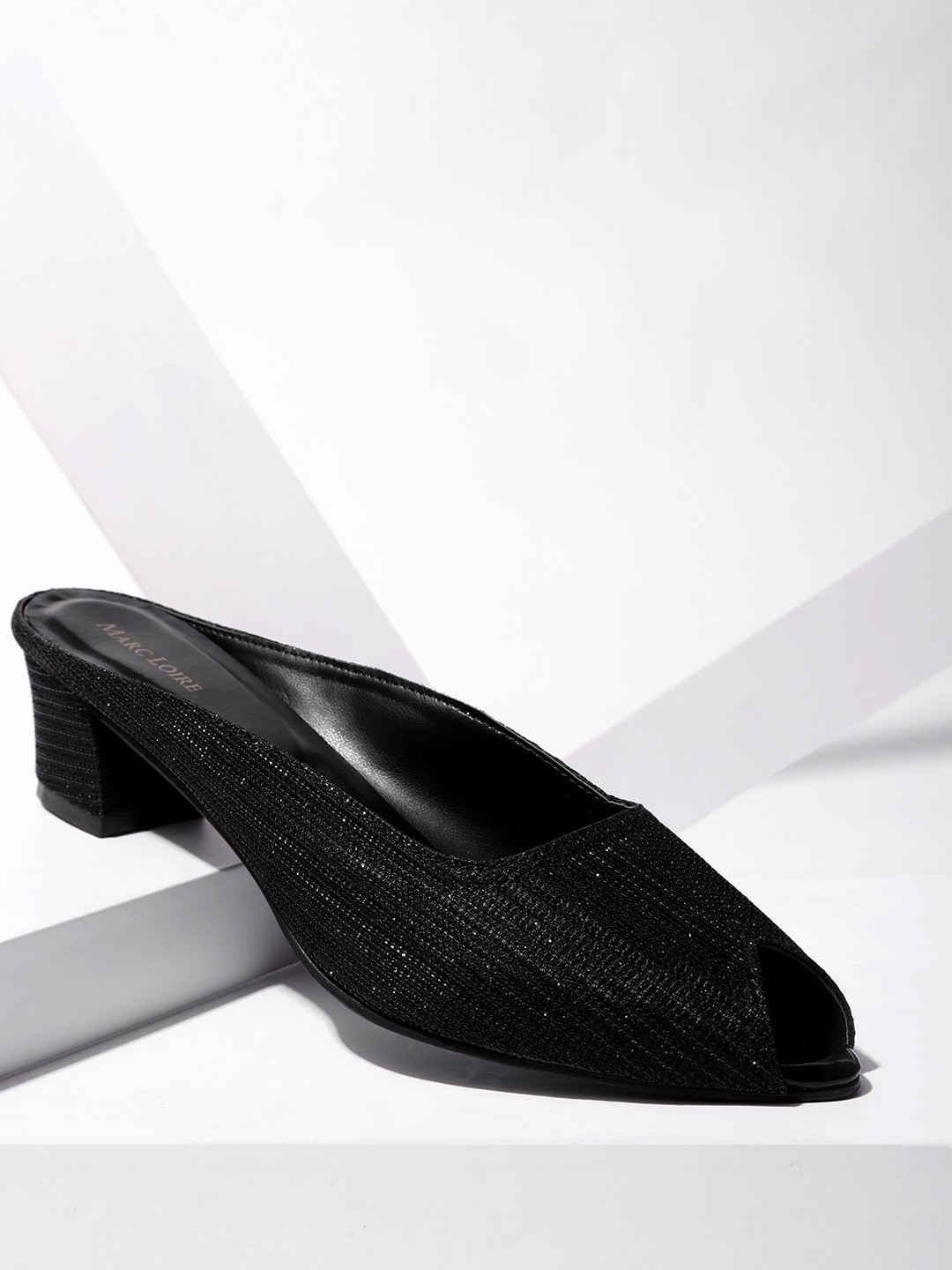 

Marc Loire Women Black Self-Striped Shimmer Peep Toe Block Heels