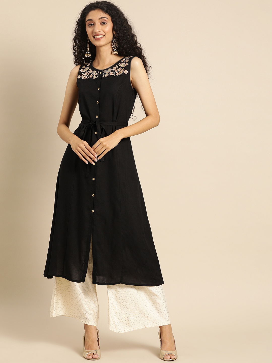 

IMARA Women Black Embroidered A-Line Kurta