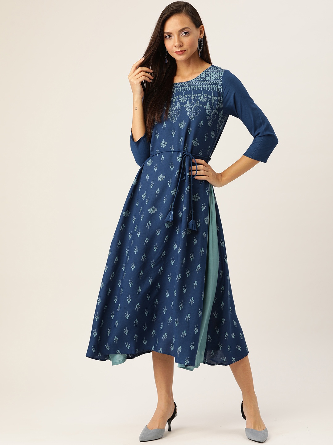 

IMARA Women Blue Printed A-Line Dress