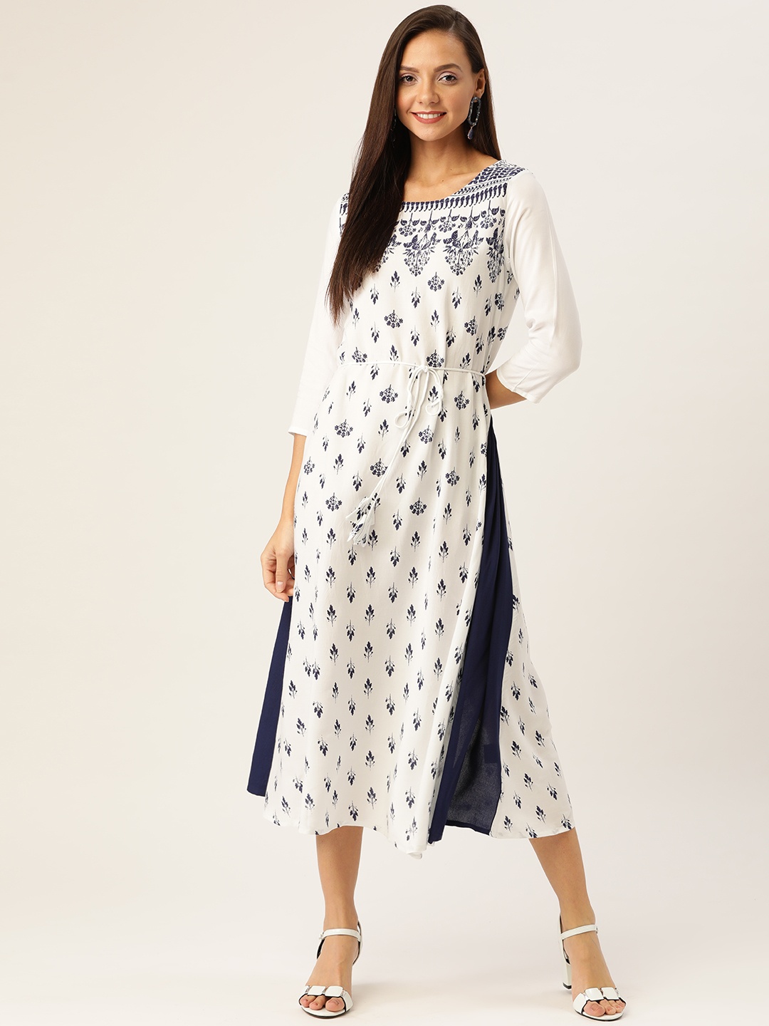 

IMARA Women White & Navy Blue Printed A-Line Dress