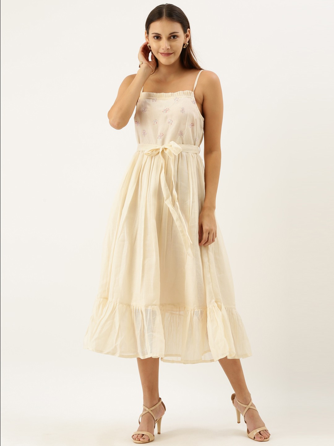 

IMARA Women Beige Solid A-Line Tiered Dress