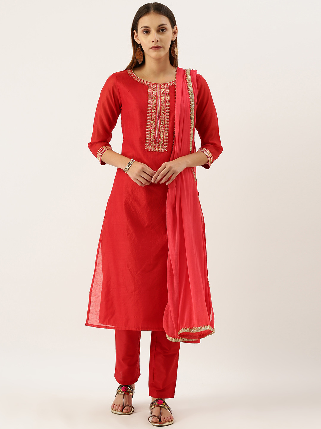 

IMARA Women Coral Red Yoke Design Kurta with Trousers & Dupatta