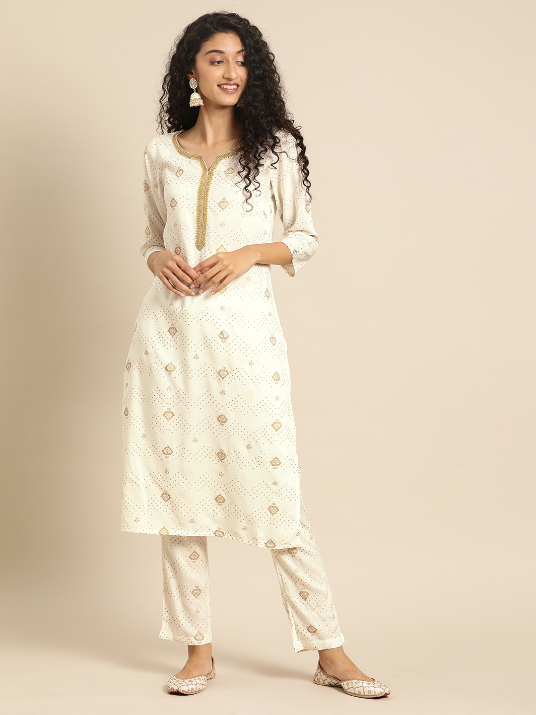 

IMARA Women White & Gold-Toned Foil Printed & Embellished Kurta with Trousers