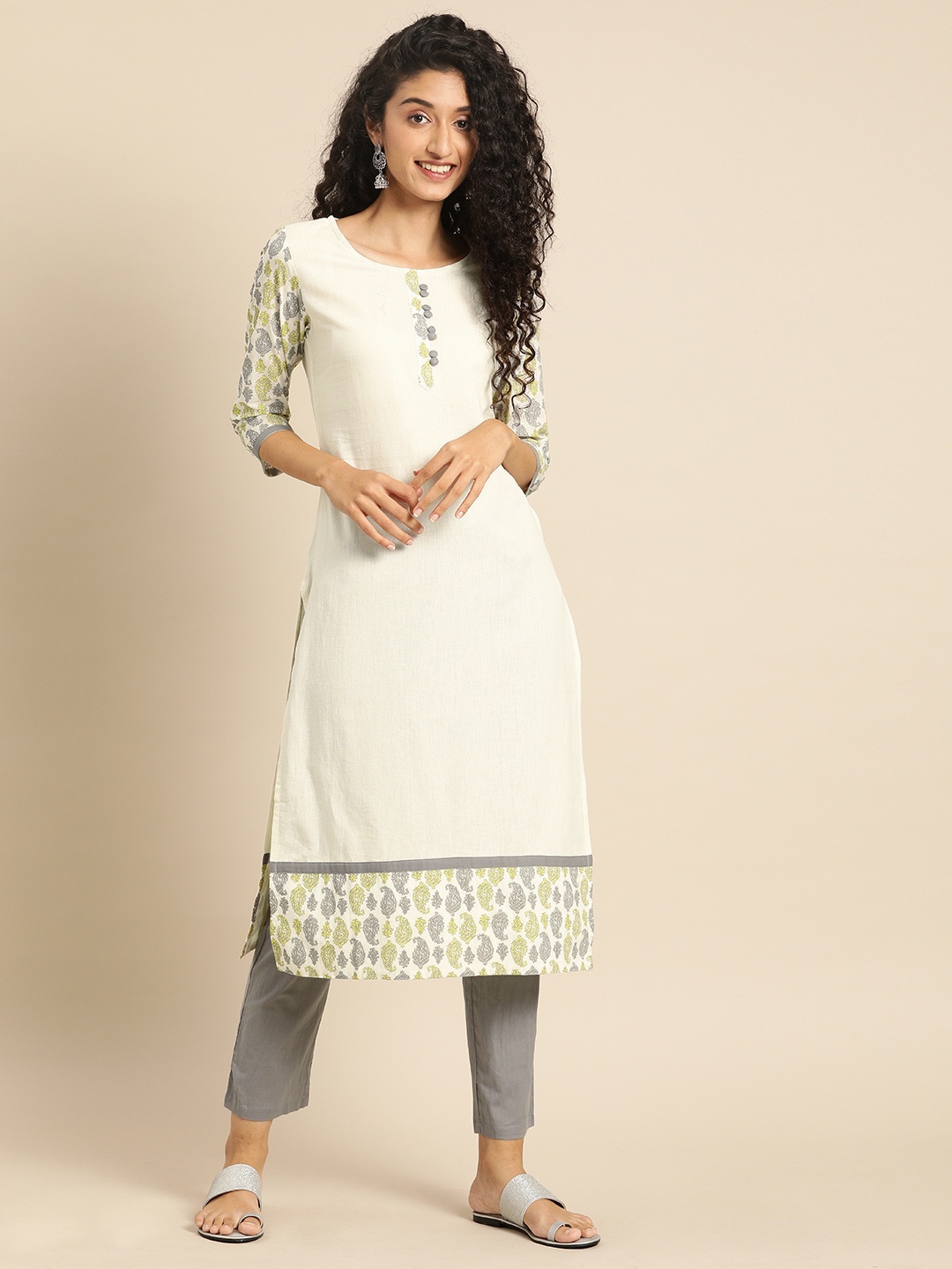 

IMARA Women White Printed Kurta with Trousers